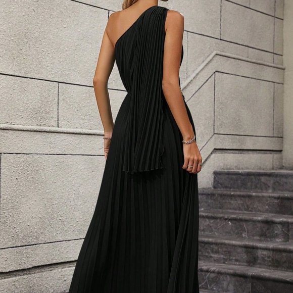 Black Casual Womens One Shoulder Twist Front Pleated Hem Dress - Picture 2 of 5